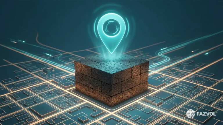 رسم توضيحي لبلوك بركاني ودبوس موقع على خريطة رقمية.