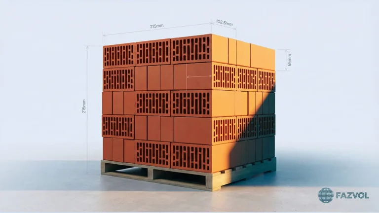 طوب أحمر مفرغ مكدس على منصة خشبية مع أبعاد موضحة.