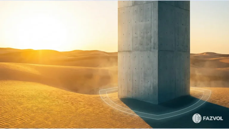 عمود خرساني ضخم في صحراء عند الغروب يرمز لقوة البناء.