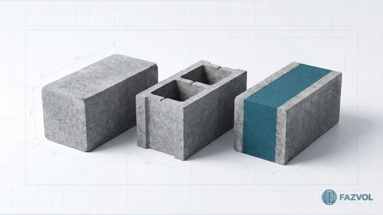 أنواع مختلفة من البلك الأسمنتي (مصمت، مفرغ، معزول) على خلفية مخطط.