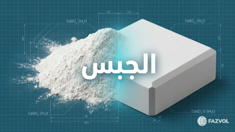 مسحوق وكتلة جبس بيضاء على خلفية زرقاء مخططة مع نص "الجبس".