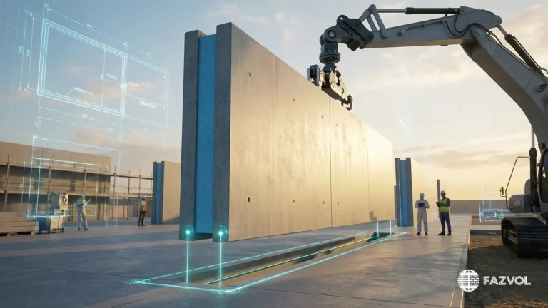 تركيب جدار خرساني جاهز برافعة في موقع بناء حديث مع مخططات رقمية.