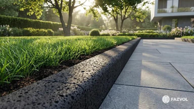 بردورة حديقة سوداء مسامية تفصل العشب عن ممر بلاط.