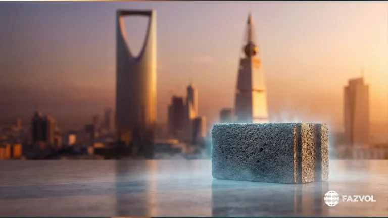 بلكة بركانية على سطح عاكس أمام أفق مدينة الرياض وقت الغروب.