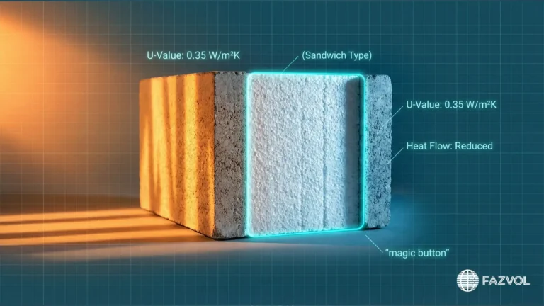 صورة توضيحية لبلوك عازل حراري "ساندويتش" يظهر طبقاته وقيم العزل.