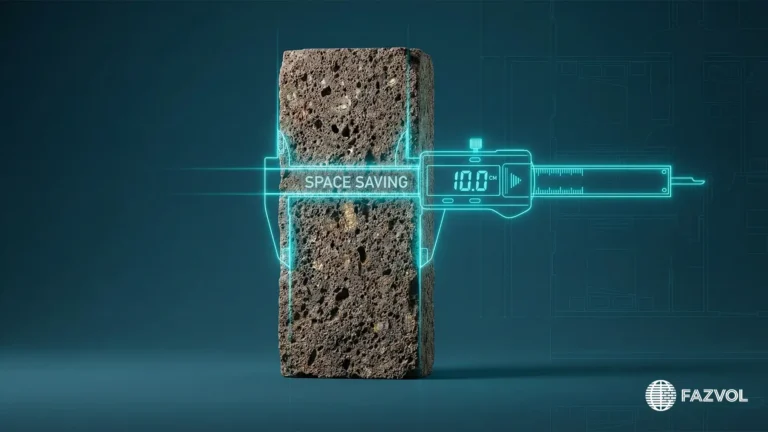 قياس قالب بناء خرساني بفرجار رقمي يظهر 10 سم وعبارة "توفير المساحة".