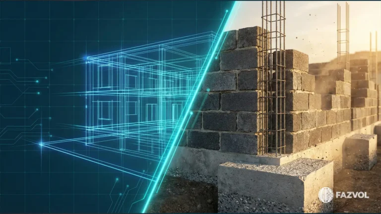 صورة توضح الانتقال من المخطط الرقمي إلى البناء الفعلي.