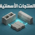 صورة تستعرض منتجات أسمنتية متنوعة كالبلوك والبردورة والإنترلوك على مخطط هندسي.