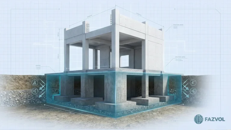 رسم توضيحي لهيكل خرساني وأساسات مبنى.