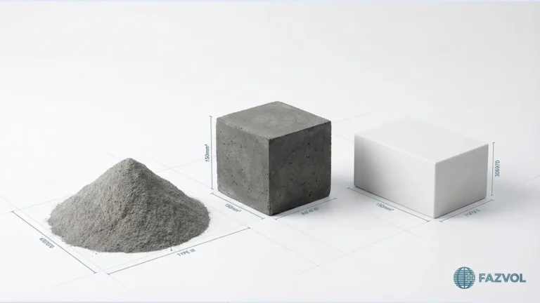 صورة توضح مراحل تصنيع الأسمنت من مسحوق إلى مكعبات خرسانية.