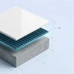 مخطط ثلاثي الأبعاد يظهر طبقة غراء البلاط بين السيراميك والأساس الخرساني.