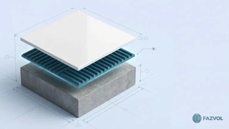 مخطط ثلاثي الأبعاد يظهر طبقة غراء البلاط بين السيراميك والأساس الخرساني.
