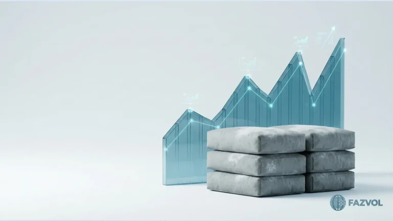 رسم بياني صاعد خلف أكياس أسمنت، يرمز لارتفاع الأسعار.