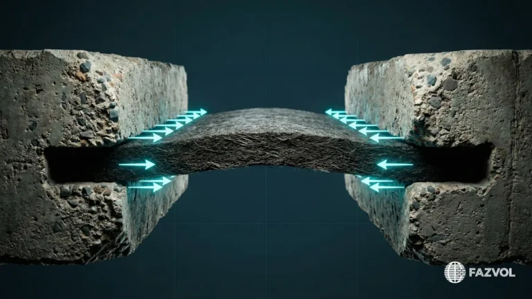 مادة فيلر بورد مرنة مضغوطة بين كتلتين خرسانيتين مع أسهم توضح الضغط.