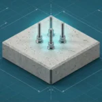 قاعدة خرسانية جاهزة مربعة الشكل مع أربعة مسامير تثبيت معدنية بارزة.