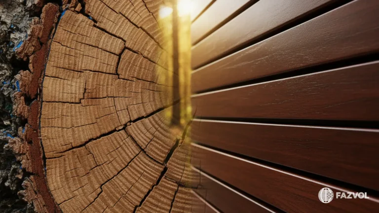 صورة مقسمة تظهر مقطعاً عرضياً لجذع شجرة وألواحاً خشبية مصنعة.