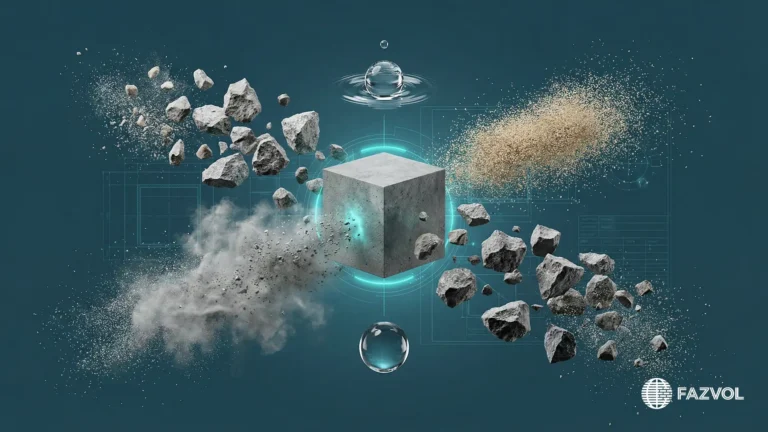 رسم توضيحي يظهر مكونات الخرسانة الأساسية: الحصى، الرمل، الأسمنت، والماء.