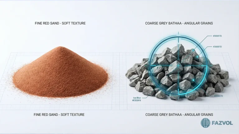 مقارنة بصرية بين الرمل الأحمر الناعم والبطحاء الرمادية الخشنة.