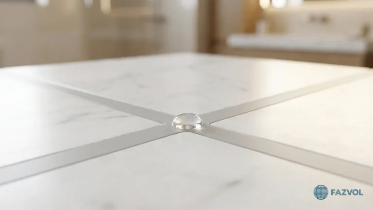 قطرة ماء على ترويبة بلاط رخامي أبيض.